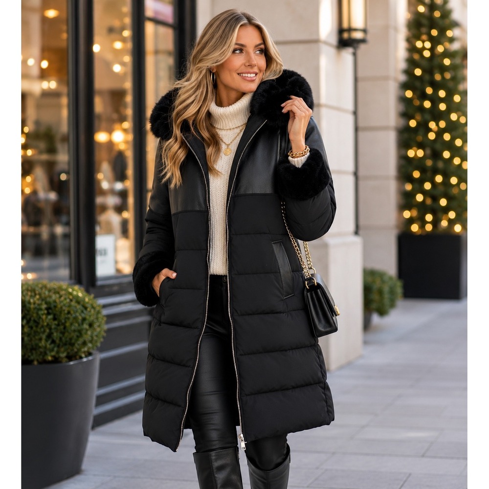 Sam Edelman Faux Shearling Hooded Puffer‎ Jacket Black Large NWT